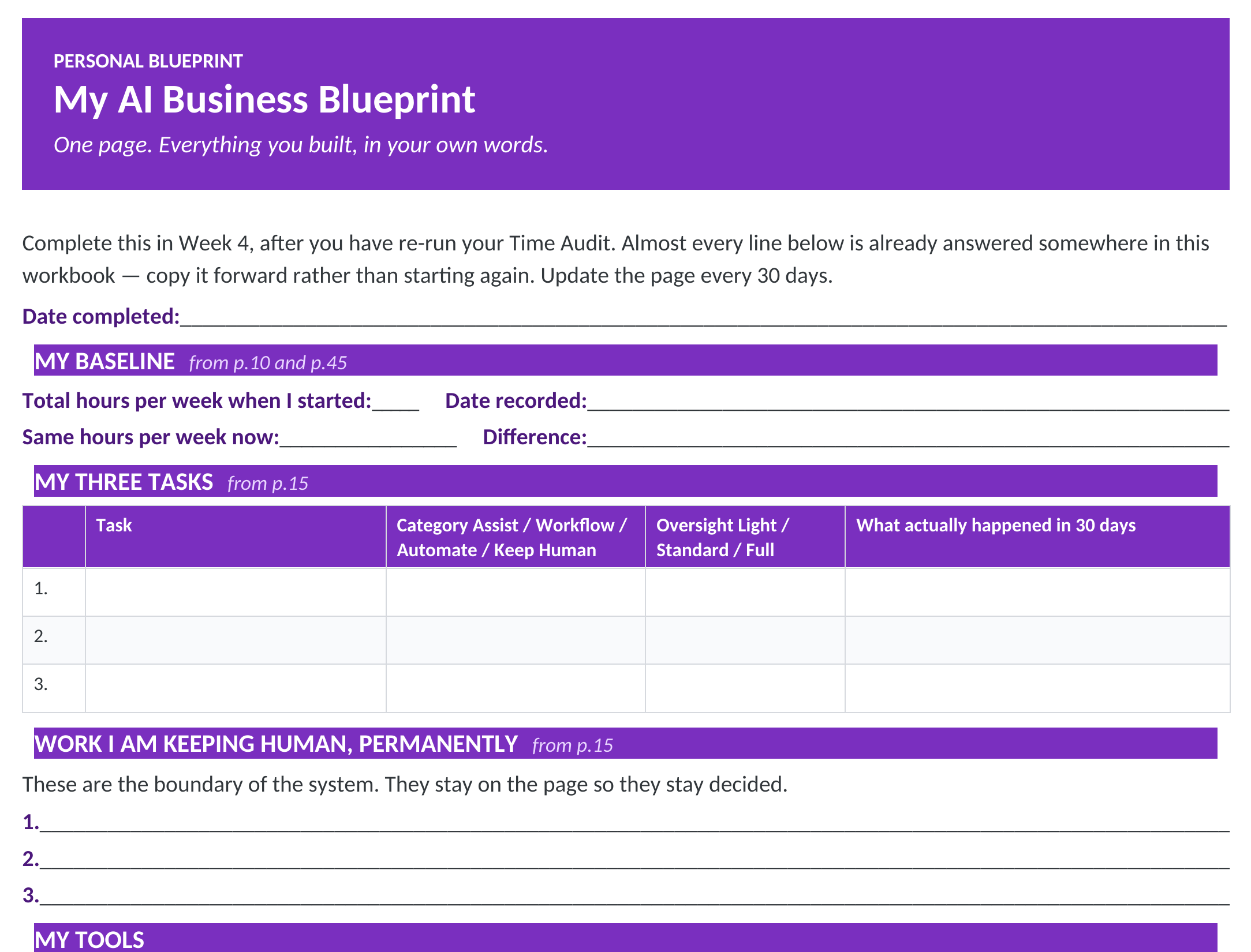 Workbook page: My AI Business Blueprint one-page summary