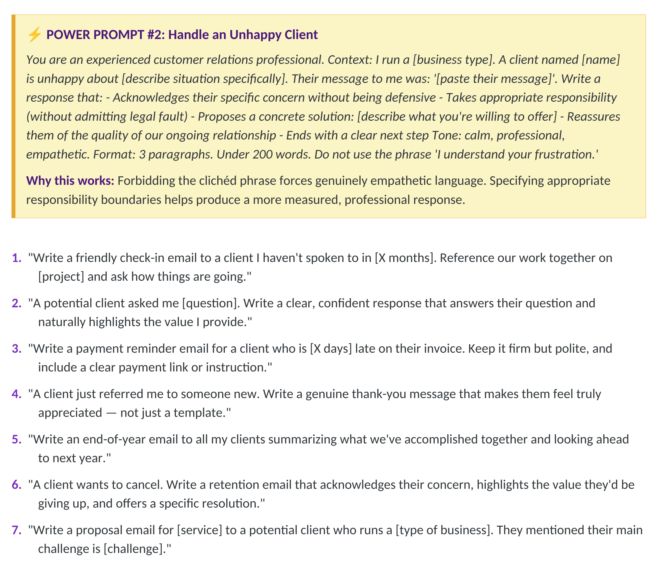 Workbook page: a Power Prompt from the prompt library, with the reasoning behind it