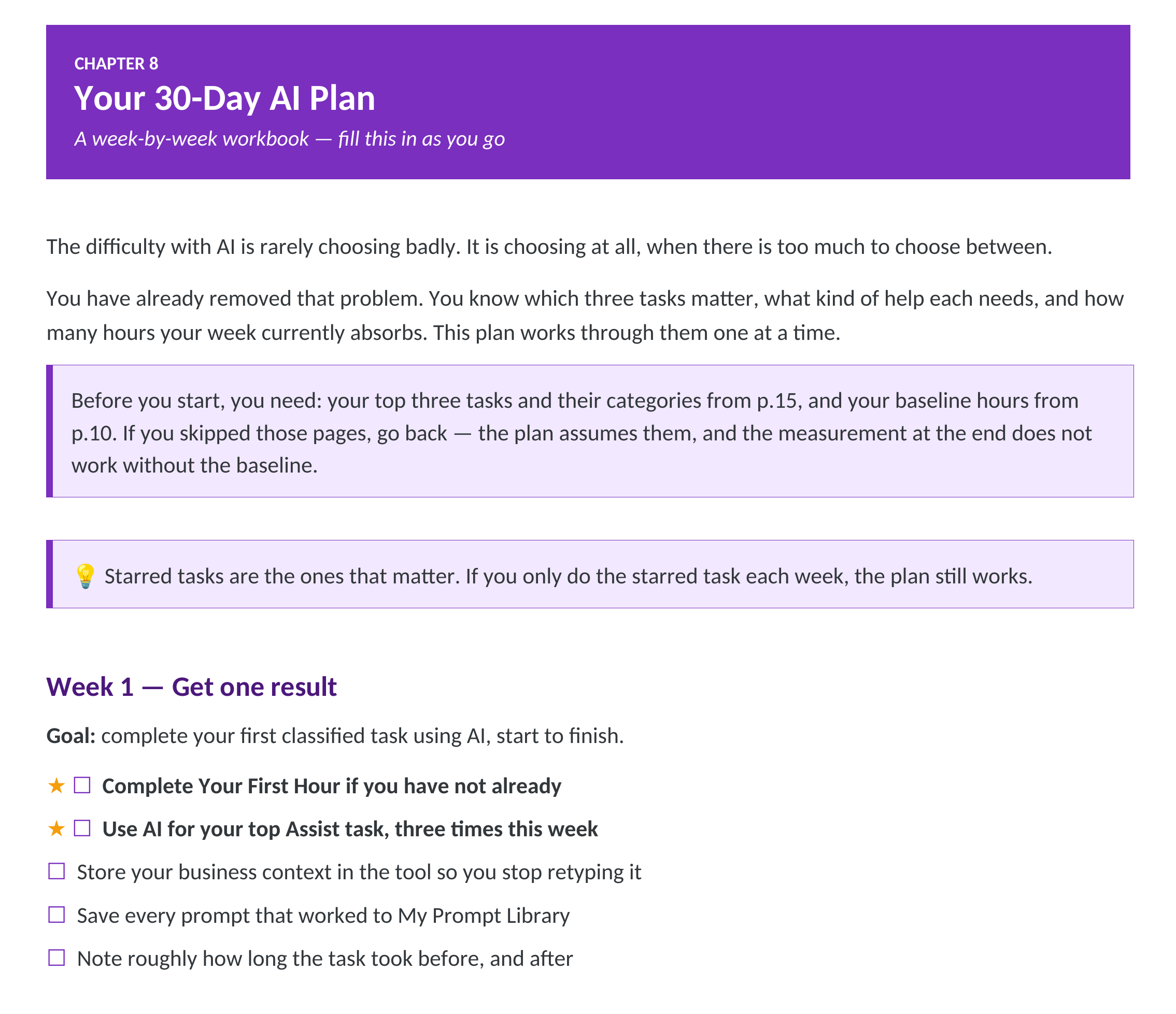 Workbook page: Your 30-Day AI Plan